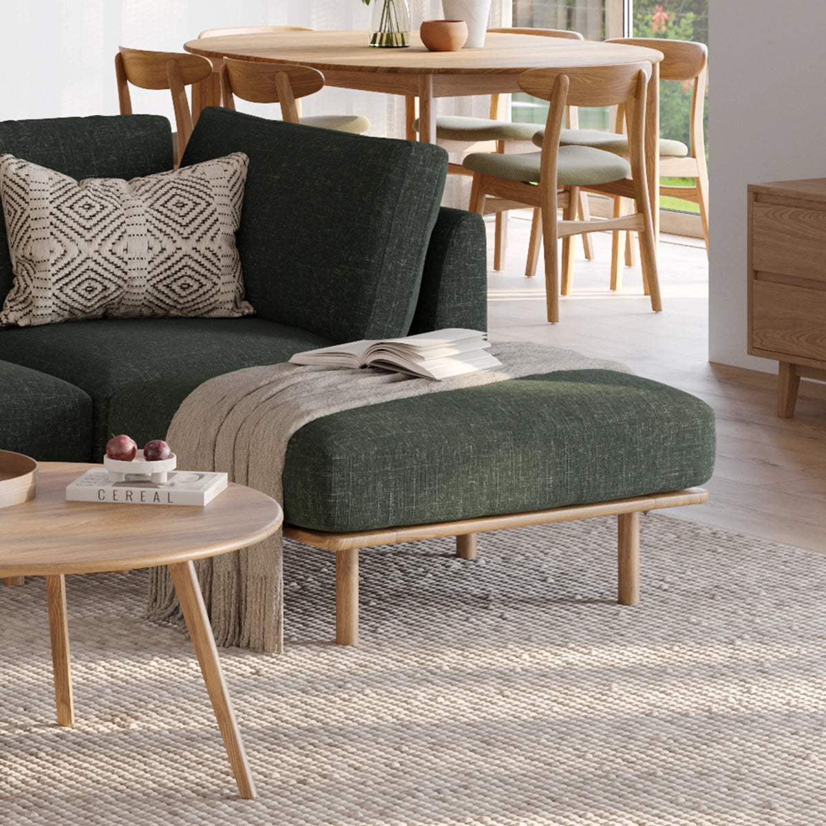 Anika Modular Sofa - Solid American White Oak - 2-Seater Chaise in Olive Green Fabric
