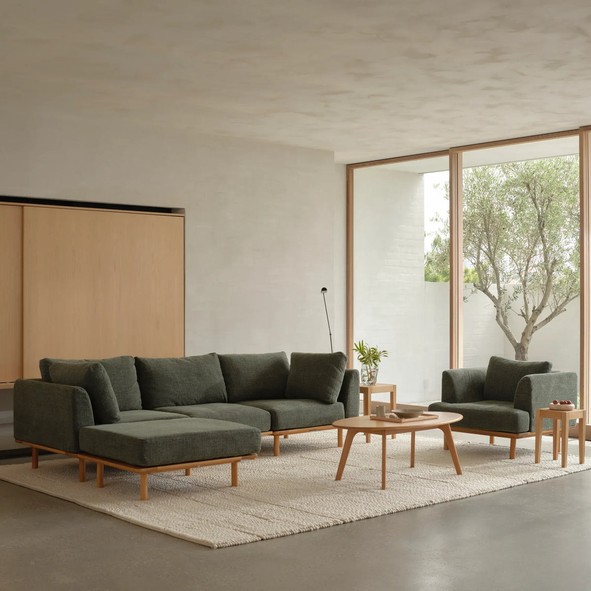 Anika Modular Sofa - Solid American White Oak - 2-Seater Chaise in Olive Green Fabric