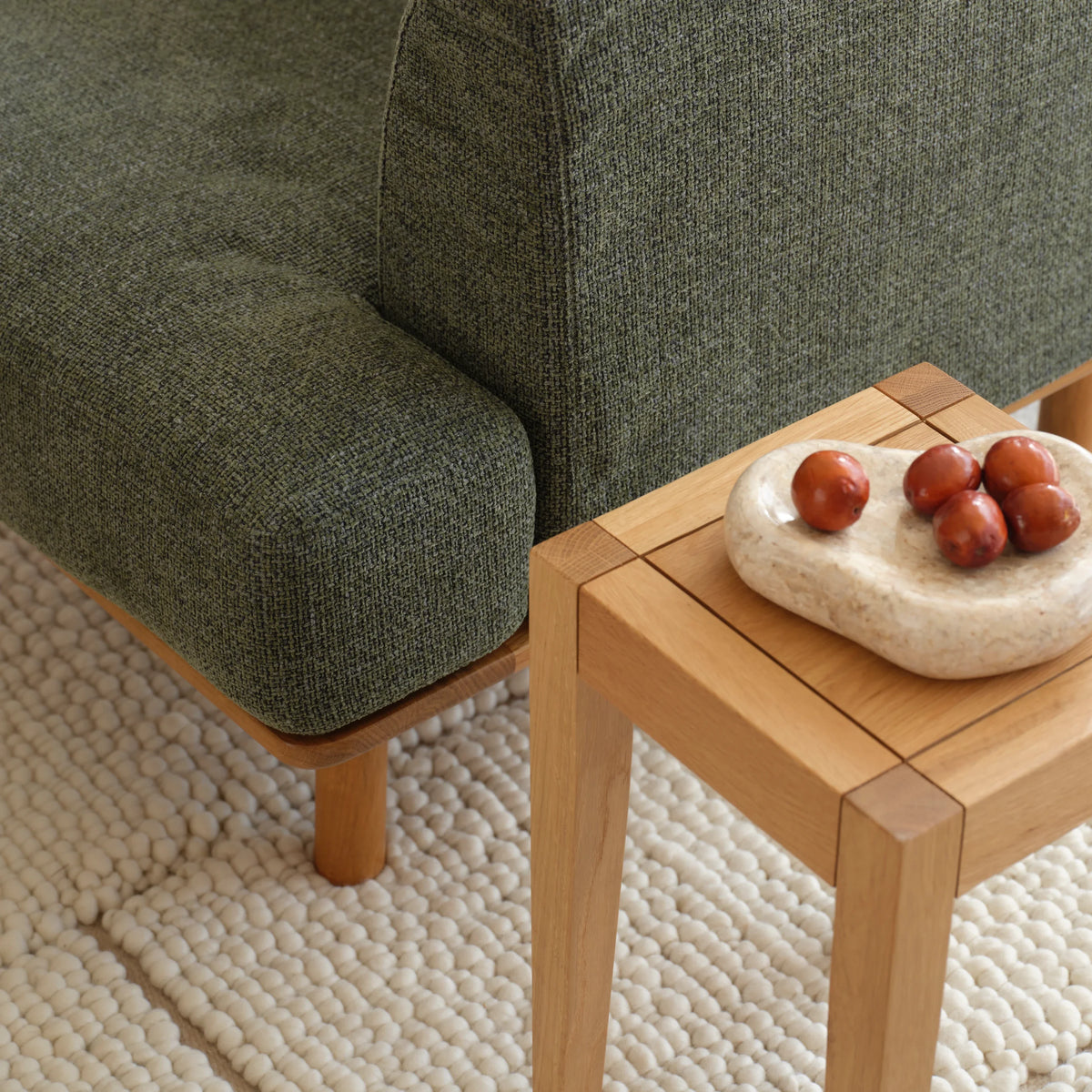 Anika Modular Sofa - Solid American White Oak - 2-Seater in Olive Green Fabric