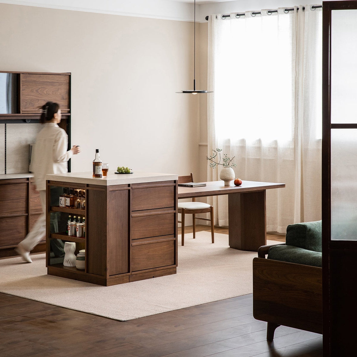 Japandi Walnut Wood Sintered Stone Island Dining Table With Cabinet AXIS