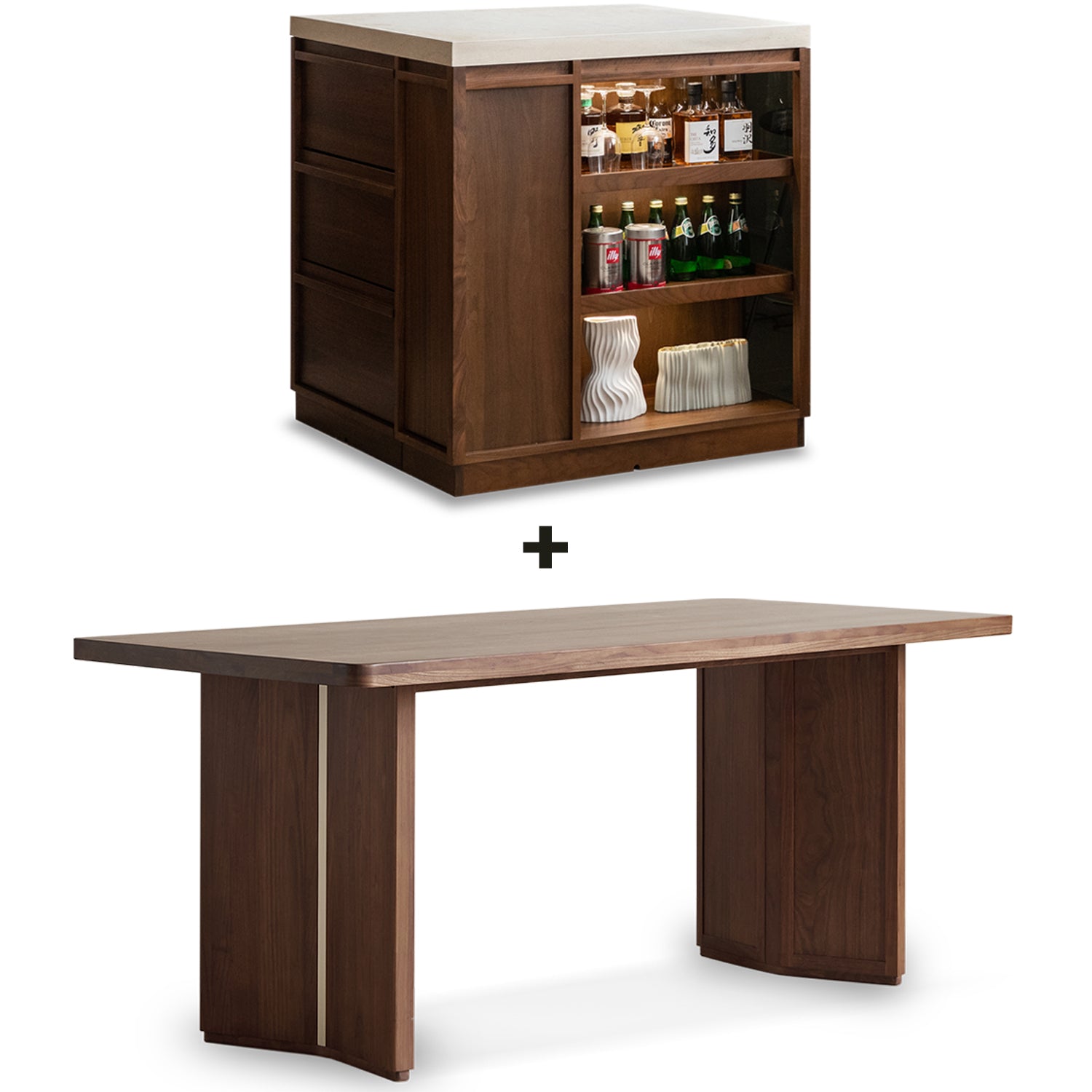Japandi Walnut Wood Sintered Stone Island Dining Table With Cabinet AXIS