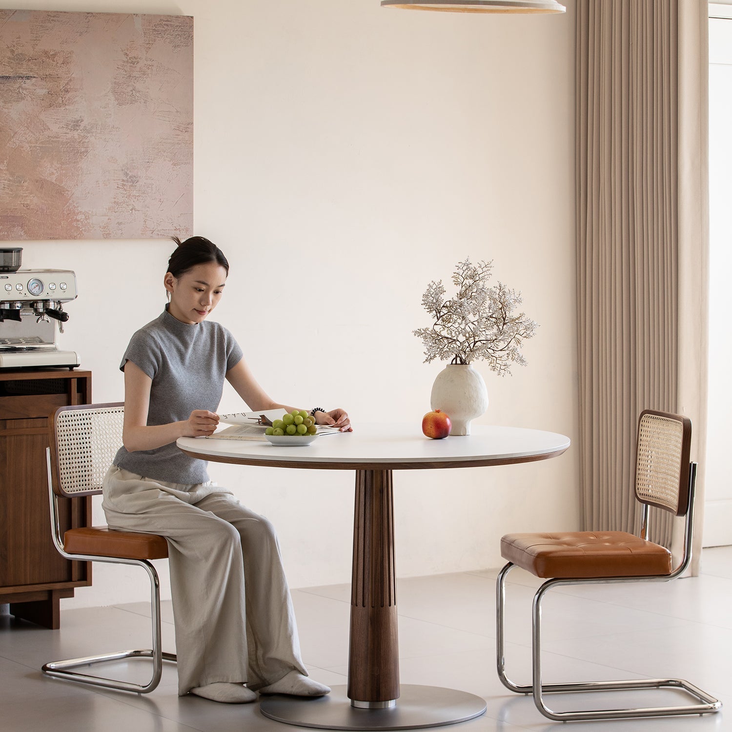 Japandi Walnut Wood Sintered Stone Round Dining Table GREY