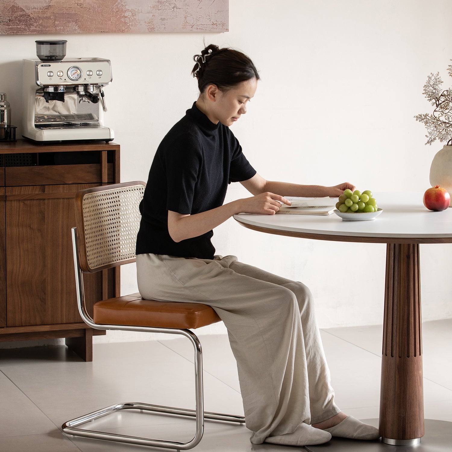 Japandi Walnut Wood Sintered Stone Round Dining Table GREY