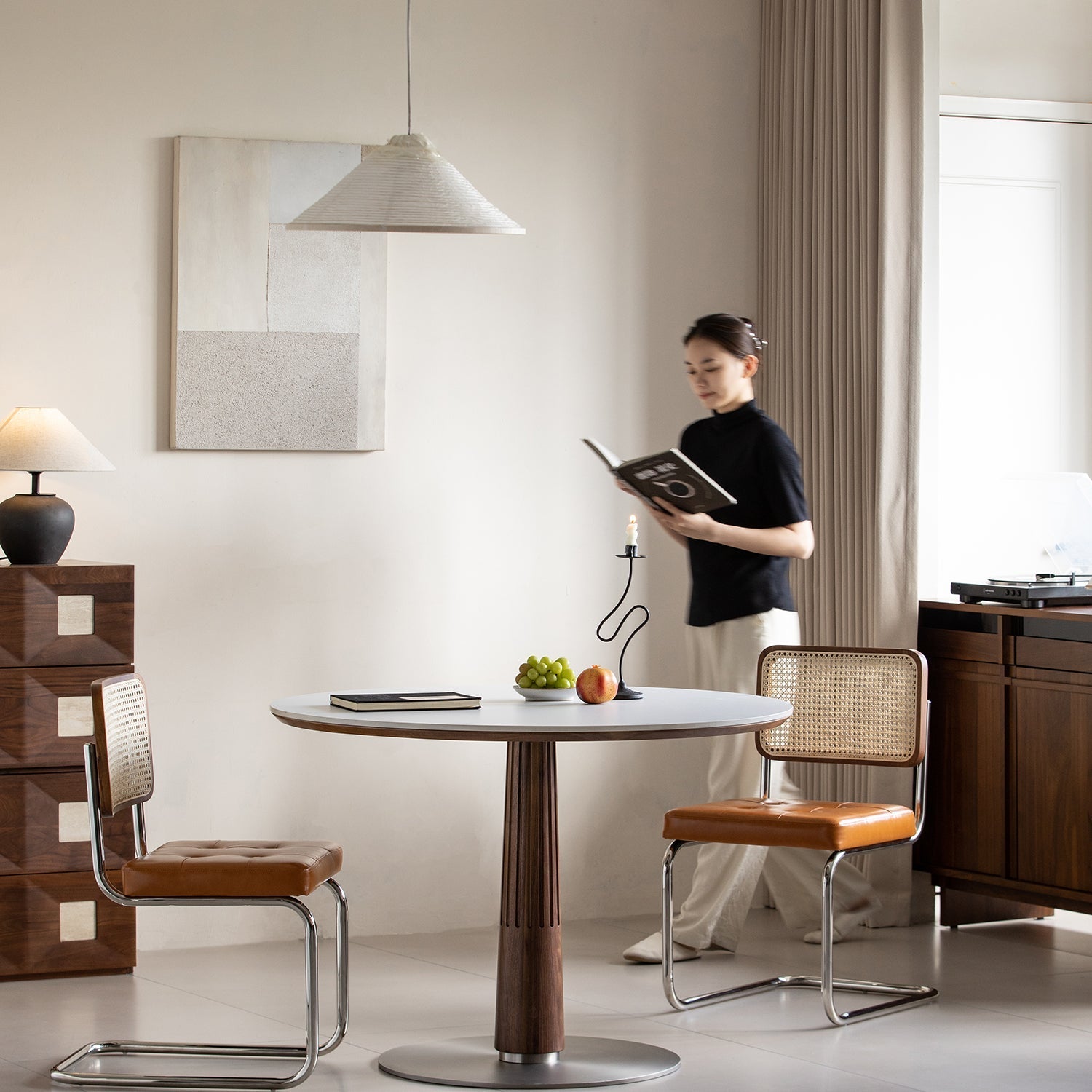 Japandi Walnut Wood Sintered Stone Round Dining Table GREY