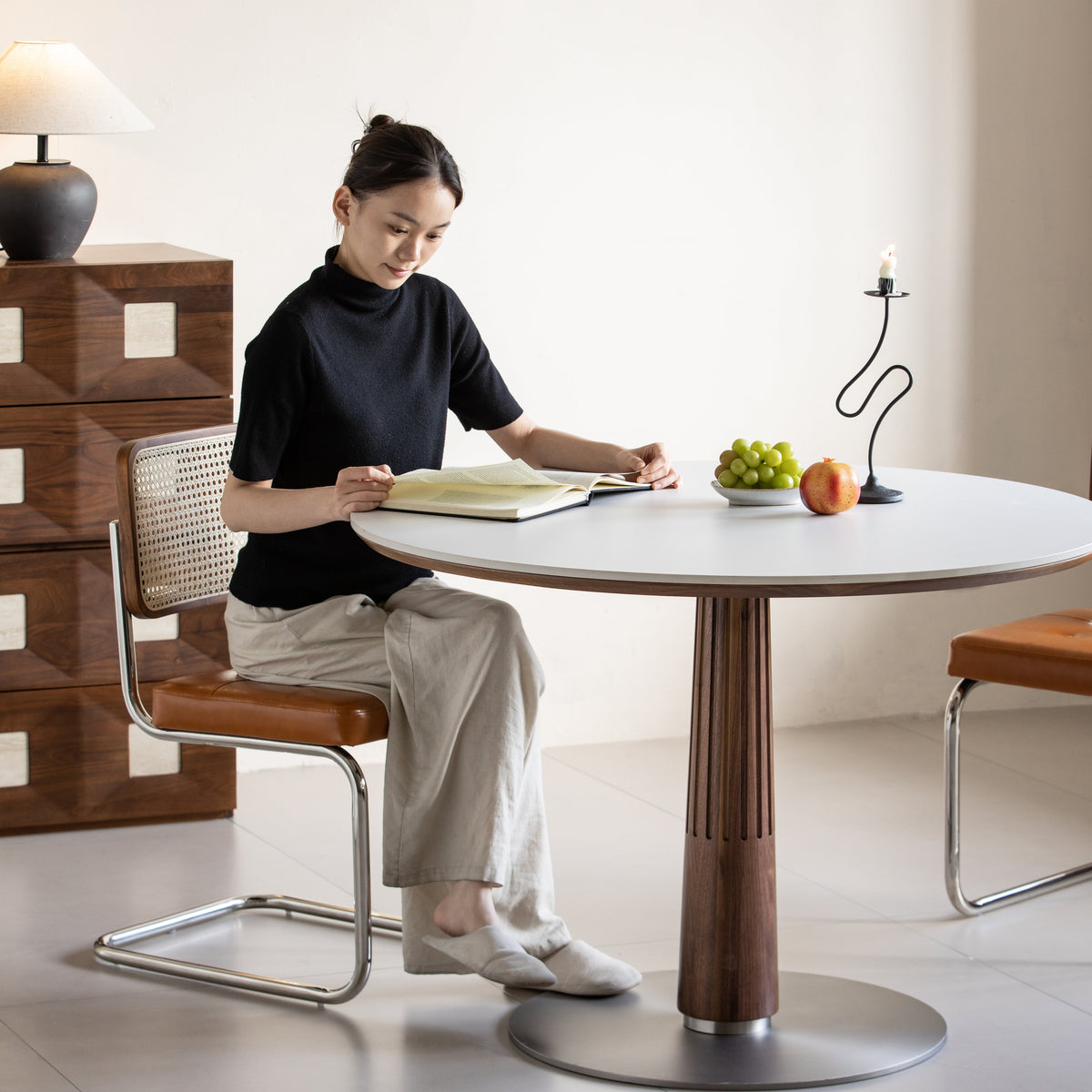Japandi Walnut Wood Sintered Stone Round Dining Table GREY