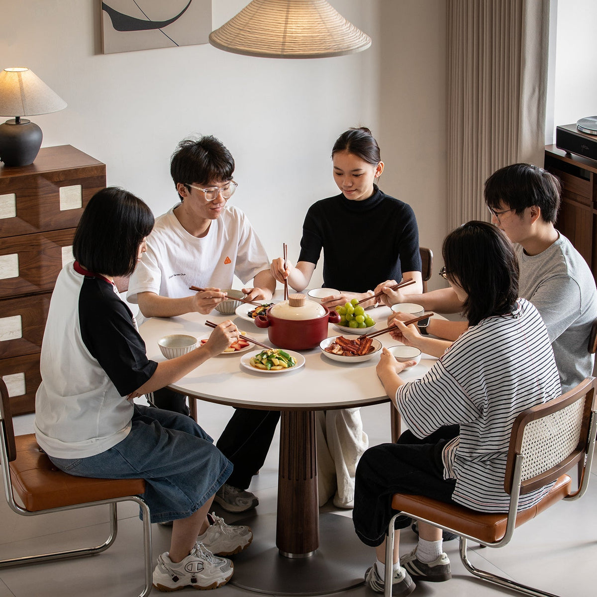 Japandi Walnut Wood Sintered Stone Round Dining Table GREY