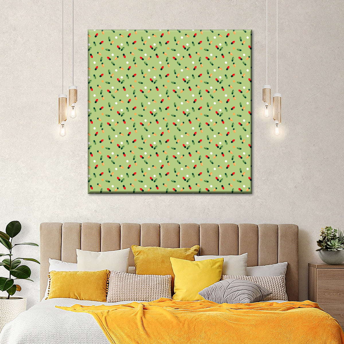 Christmas Lights Scatter Pattern on Sage Green Wall Art