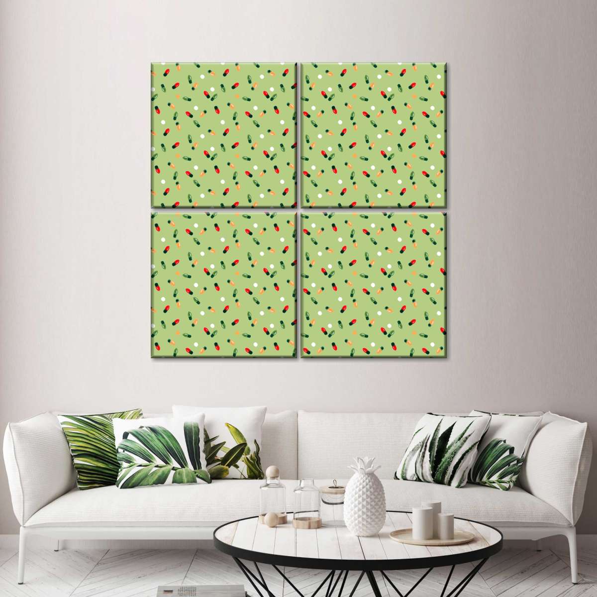 Christmas Lights Scatter Pattern on Sage Green Wall Art