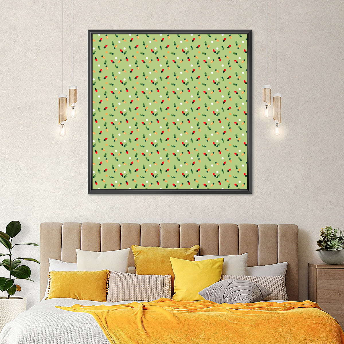 Christmas Lights Scatter Pattern on Sage Green Wall Art