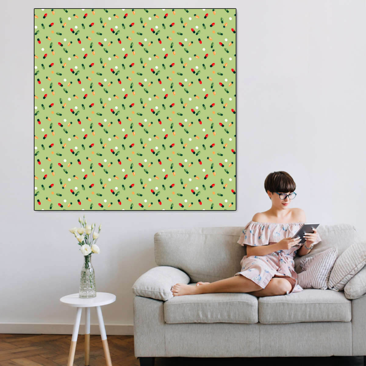 Christmas Lights Scatter Pattern on Sage Green Wall Art