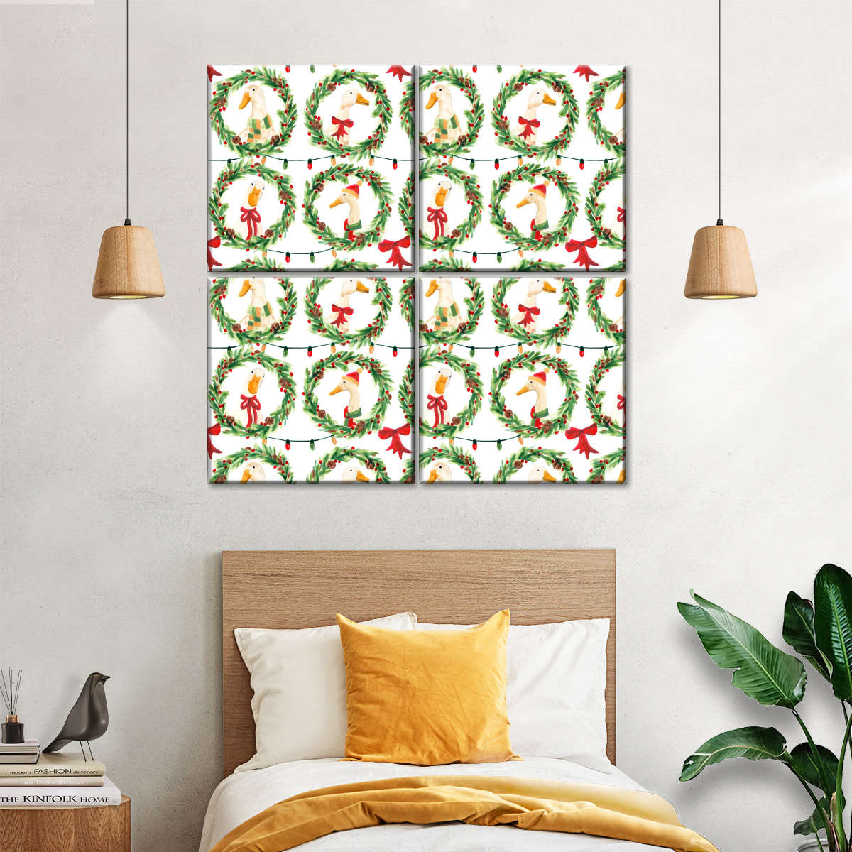 Christmas Geese in Holiday Wreaths Pattern Wall Art