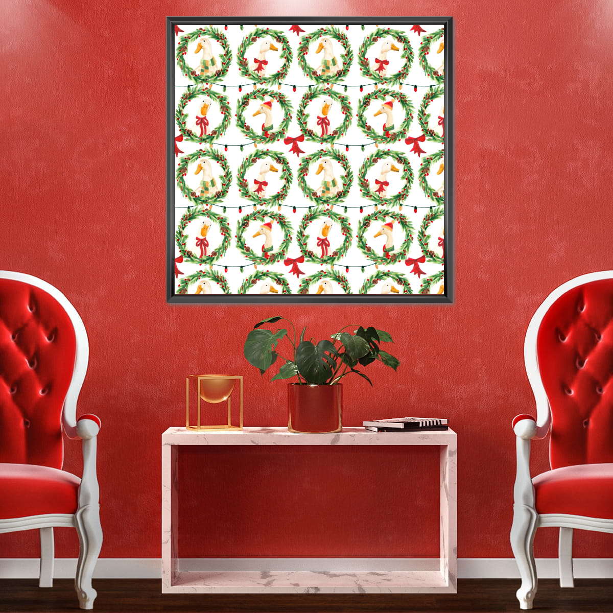 Christmas Geese in Holiday Wreaths Pattern Wall Art