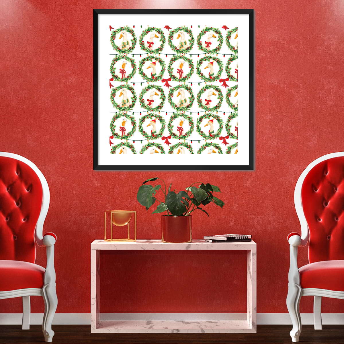 Christmas Geese in Holiday Wreaths Pattern Wall Art