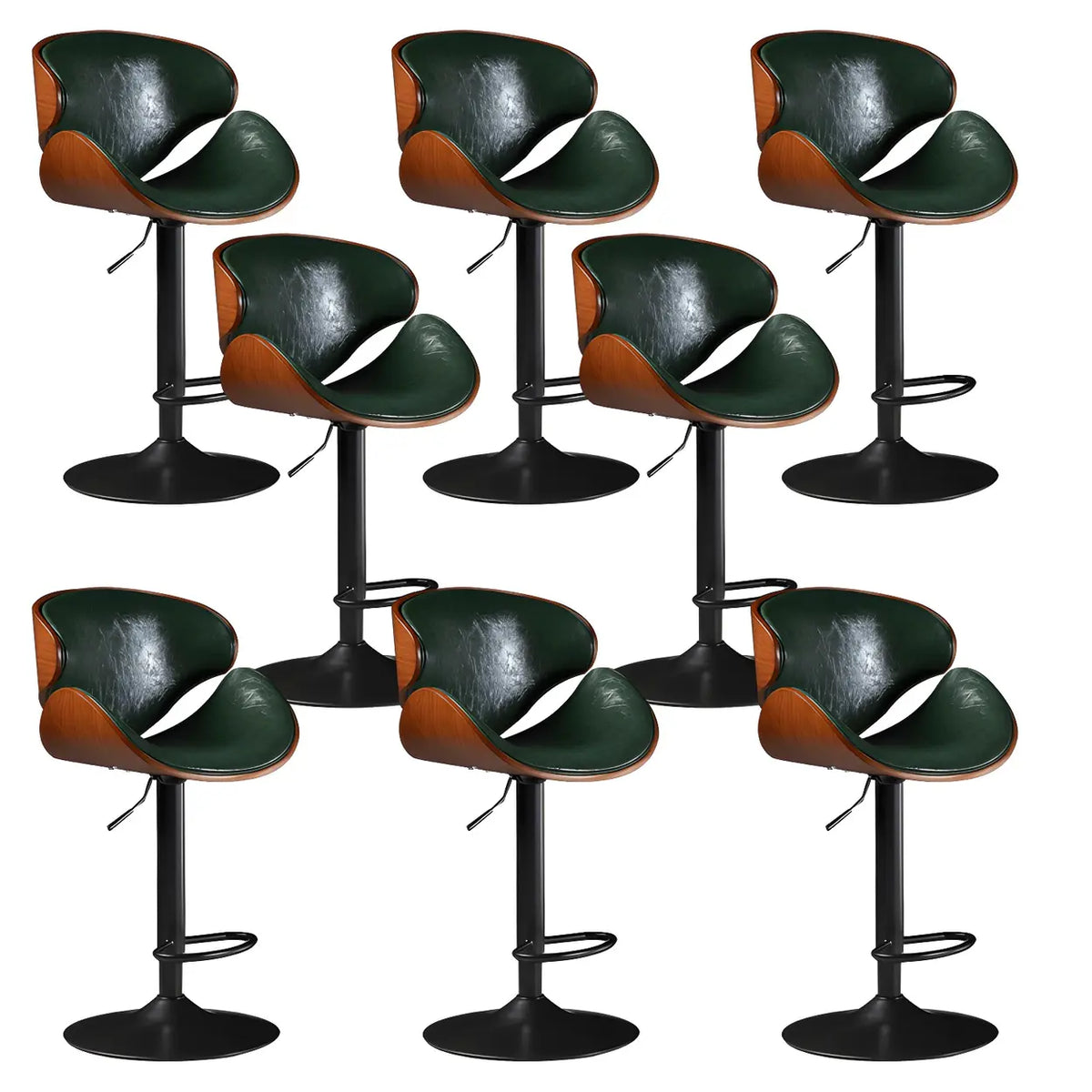 Leather Bucket Bar Stool with Curved Wood-Grain Shell & Low Back