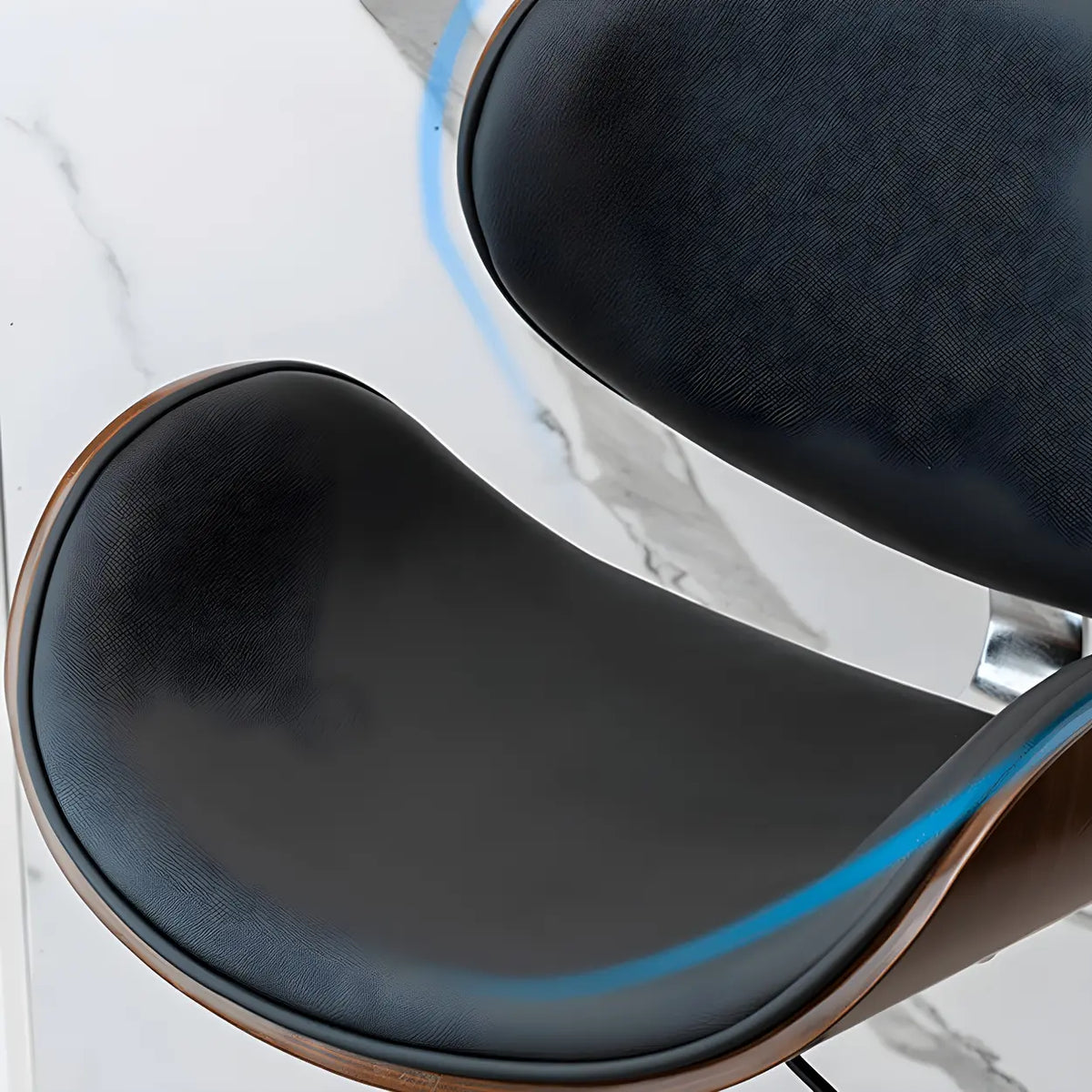 Leather Bucket Bar Stool with Curved Wood-Grain Shell & Low Back