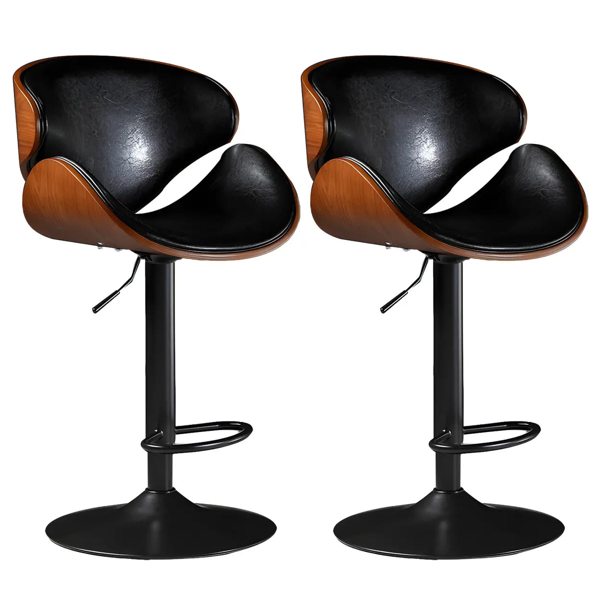Leather Bucket Bar Stool with Curved Wood-Grain Shell & Low Back