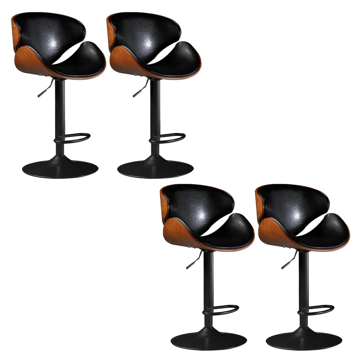 Leather Bucket Bar Stool with Curved Wood-Grain Shell & Low Back
