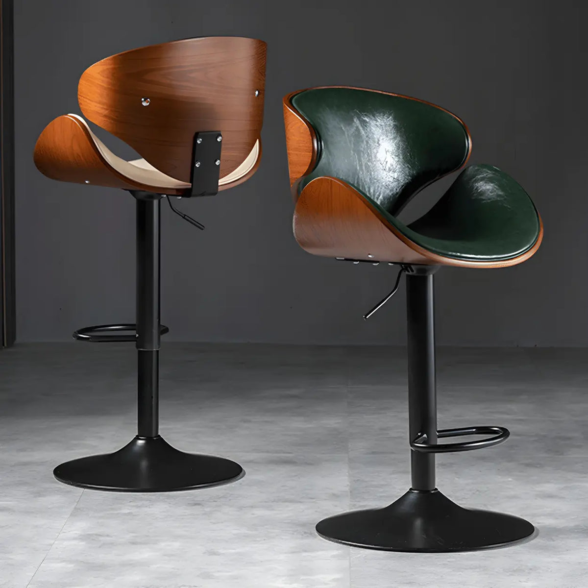 Leather Bucket Bar Stool with Curved Wood-Grain Shell & Low Back