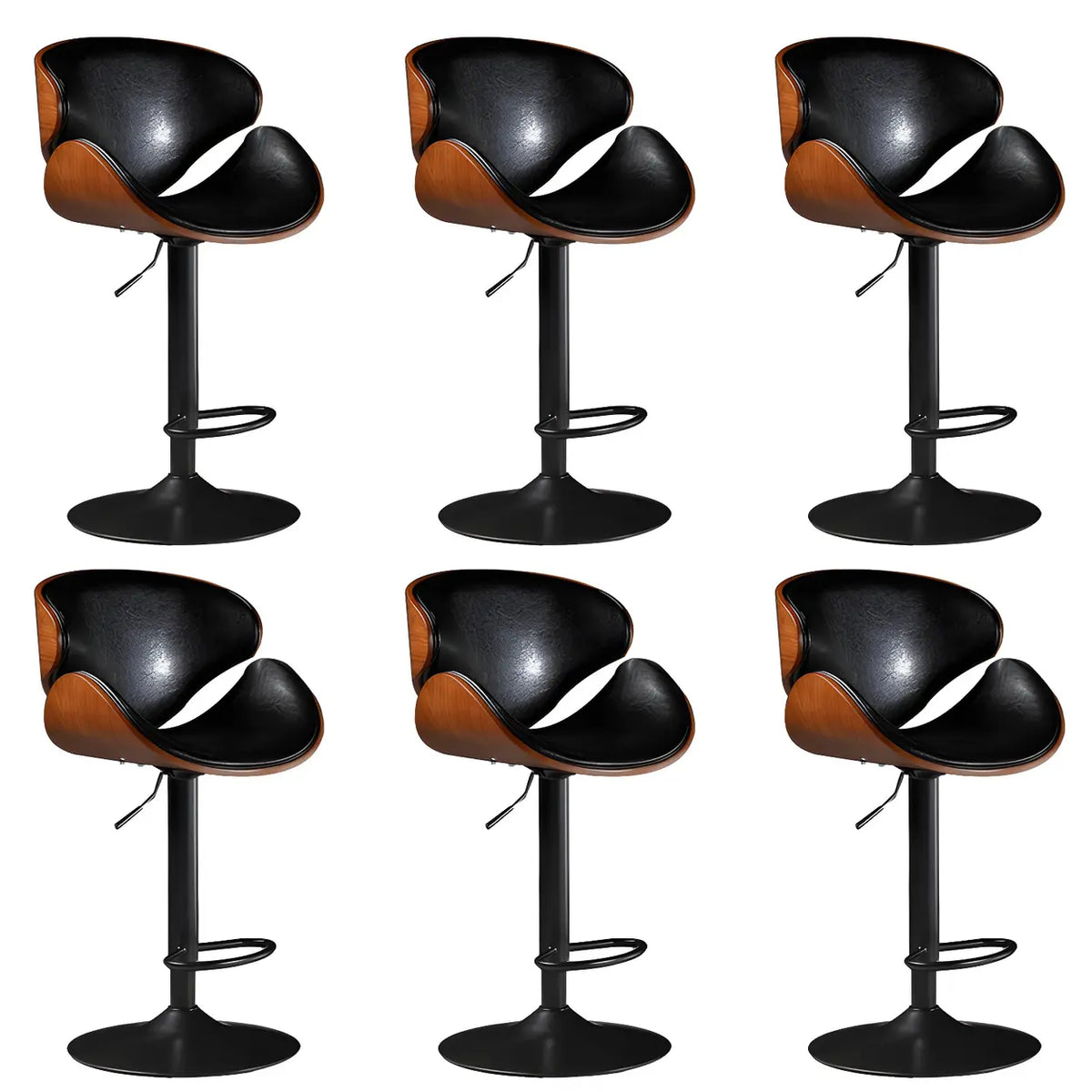 Leather Bucket Bar Stool with Curved Wood-Grain Shell & Low Back