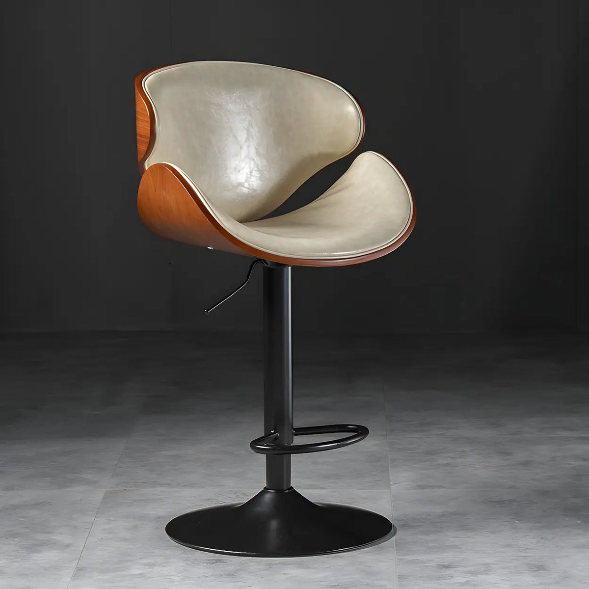 Leather Bucket Bar Stool with Curved Wood-Grain Shell & Low Back