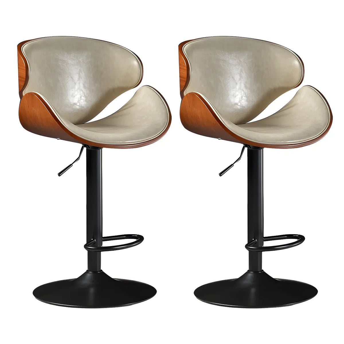 Leather Bucket Bar Stool with Curved Wood-Grain Shell & Low Back