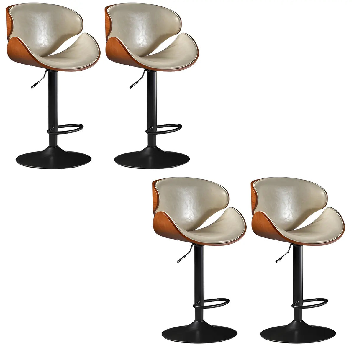 Leather Bucket Bar Stool with Curved Wood-Grain Shell & Low Back