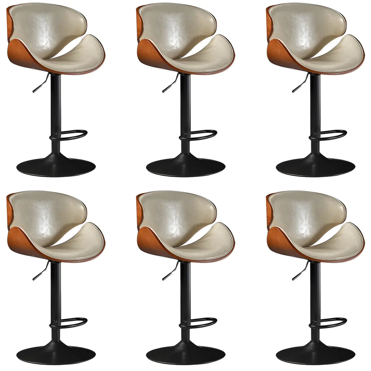 Leather Bucket Bar Stool with Curved Wood-Grain Shell & Low Back