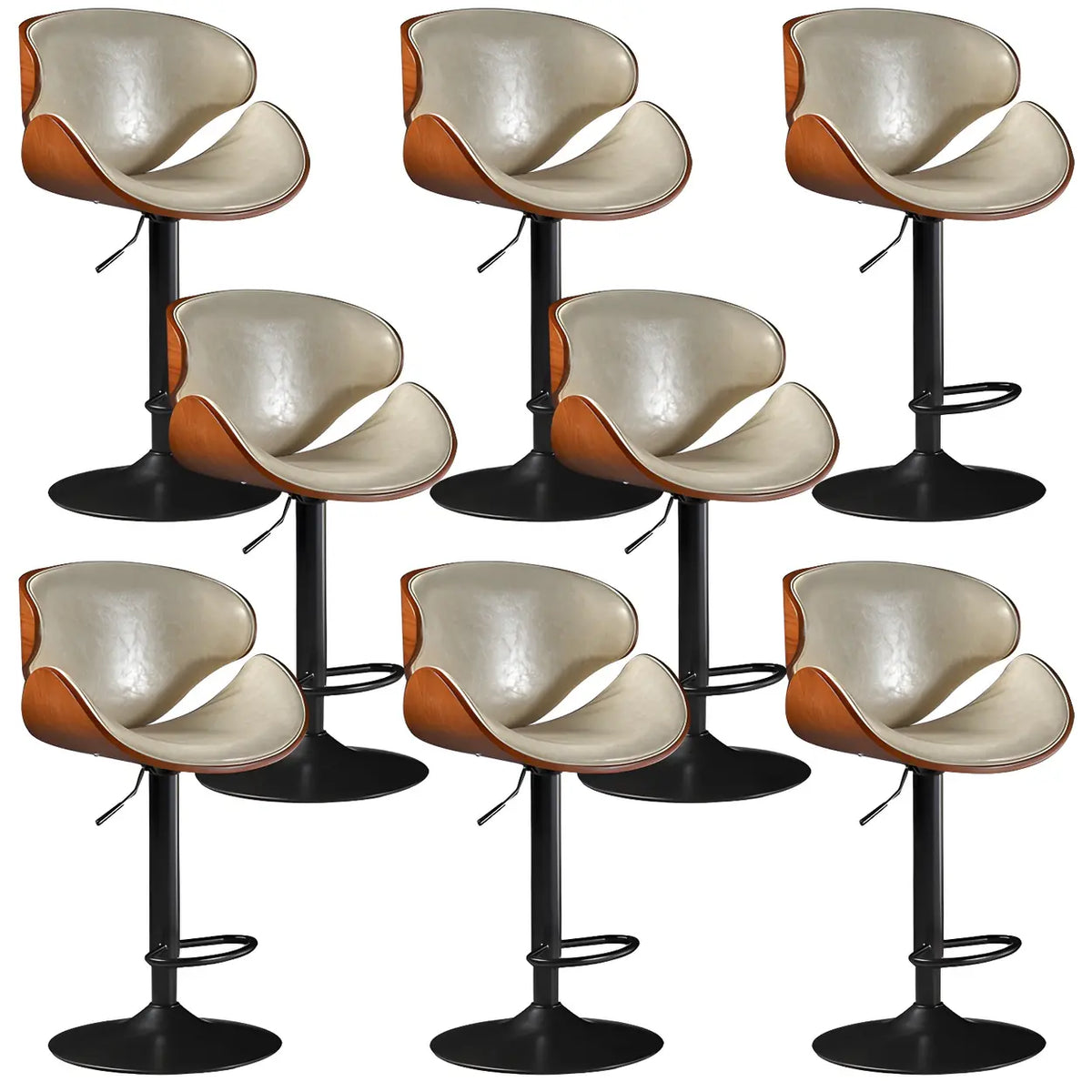 Leather Bucket Bar Stool with Curved Wood-Grain Shell & Low Back
