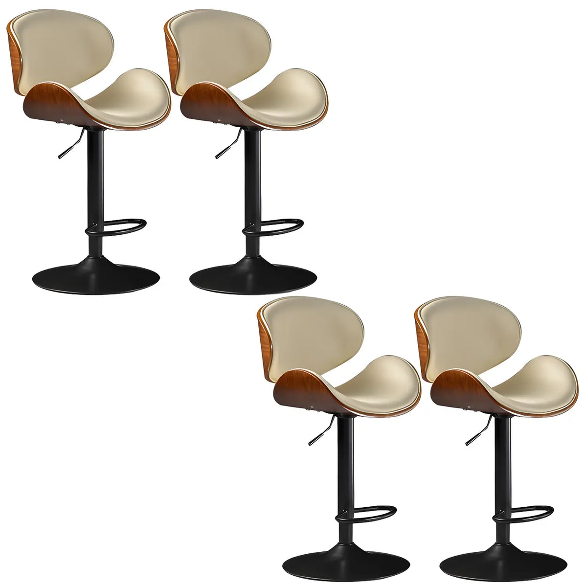 Leather Bucket Bar Stool with Curved Wood-Grain Shell & Low Back