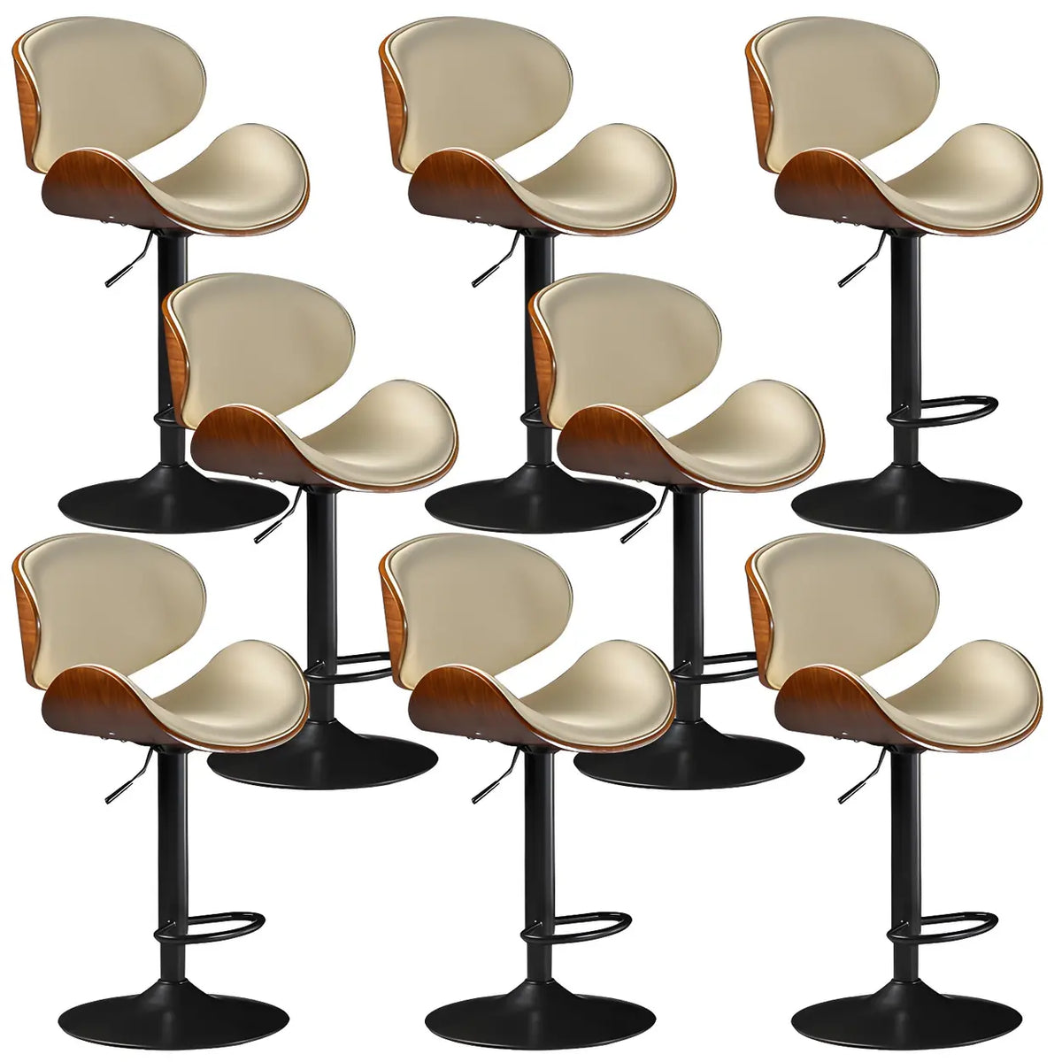 Leather Bucket Bar Stool with Curved Wood-Grain Shell & Low Back