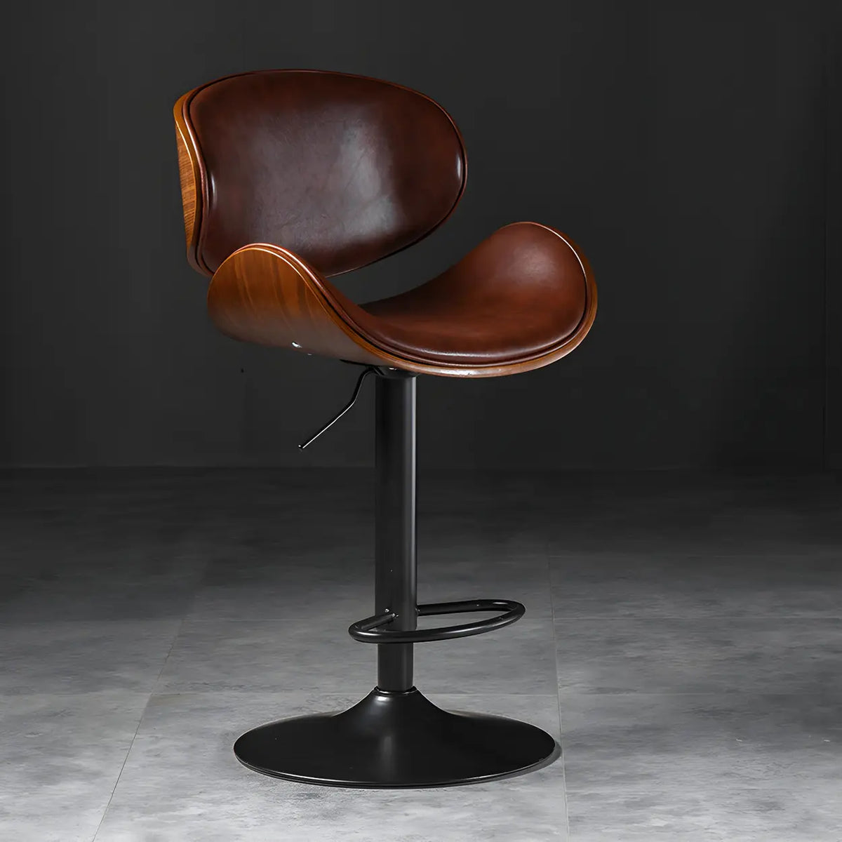 Leather Bucket Bar Stool with Curved Wood-Grain Shell & Low Back