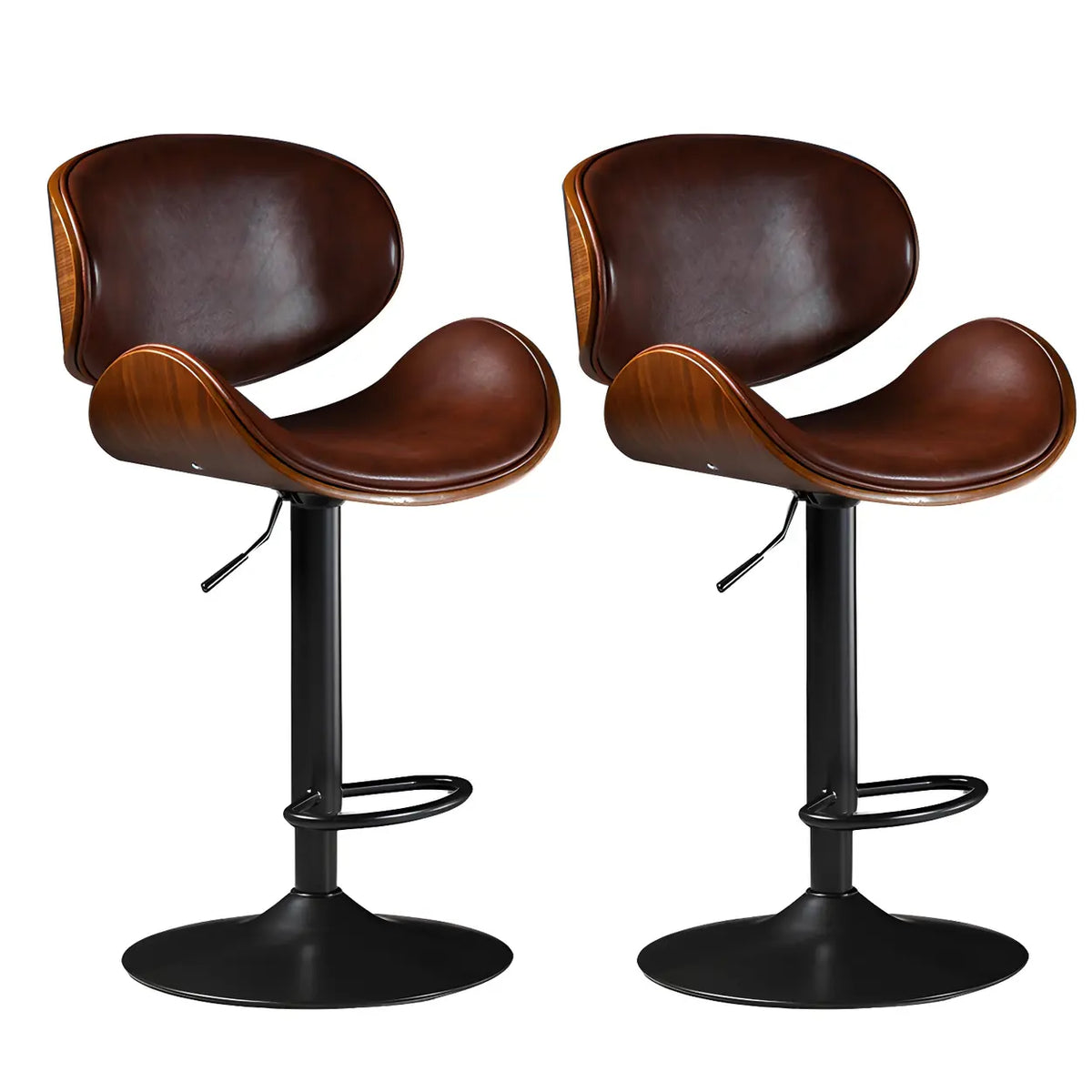 Leather Bucket Bar Stool with Curved Wood-Grain Shell & Low Back