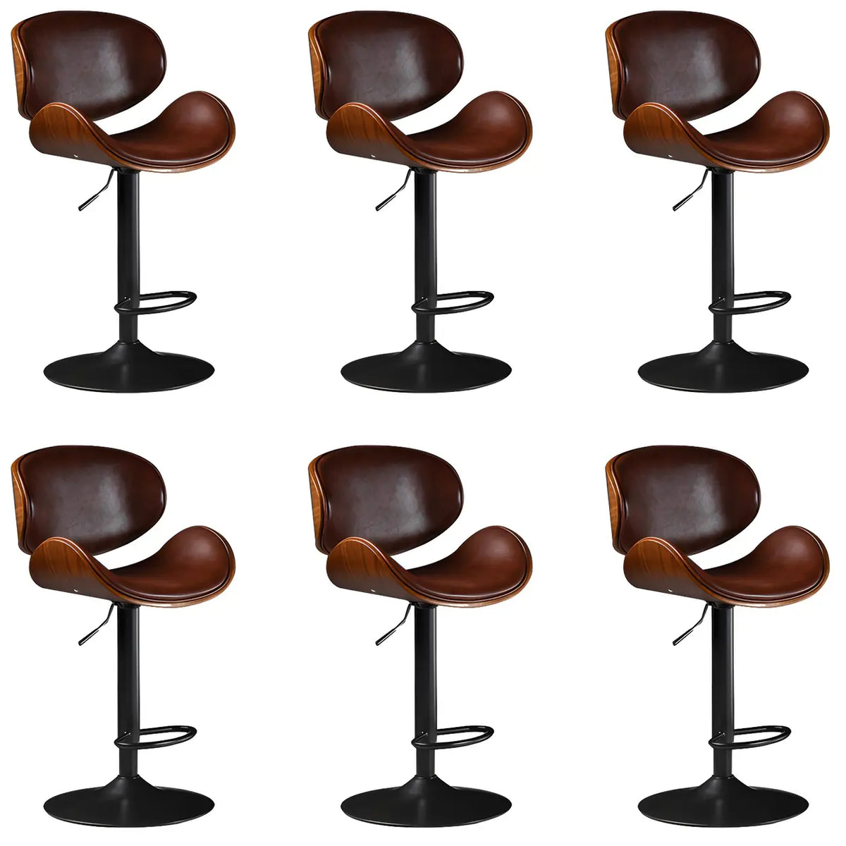 Leather Bucket Bar Stool with Curved Wood-Grain Shell & Low Back