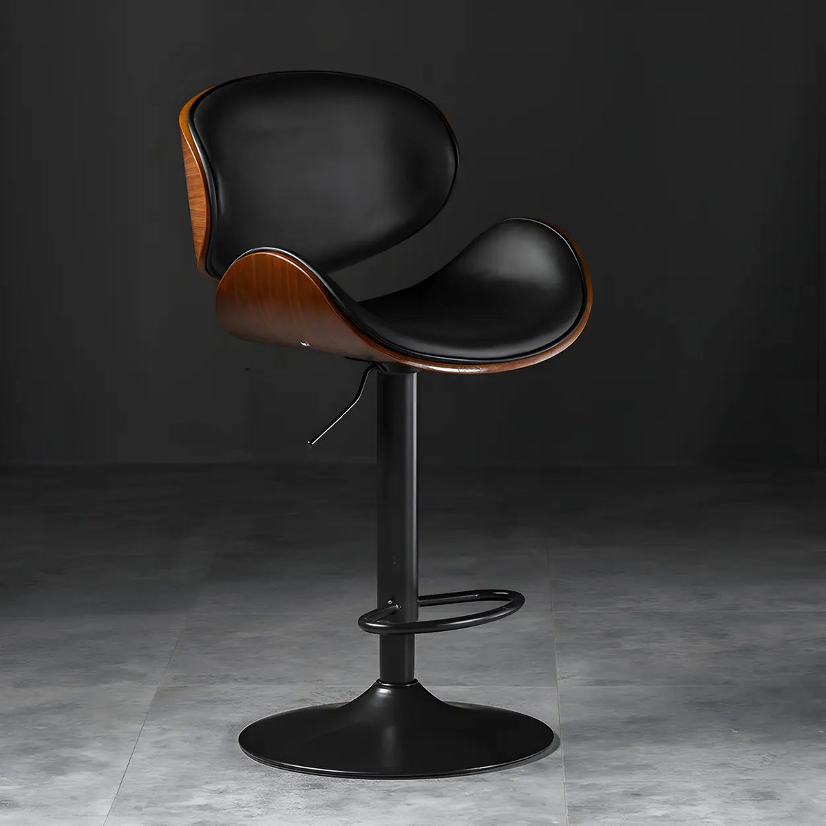 Leather Bucket Bar Stool with Curved Wood-Grain Shell & Low Back