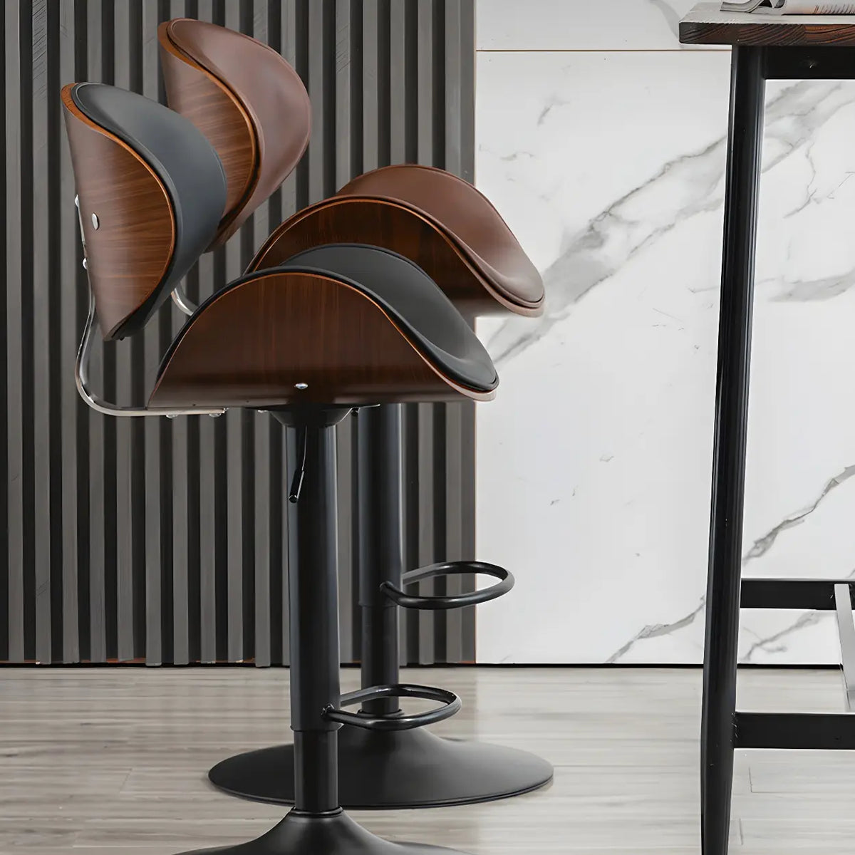 Leather Bucket Bar Stool with Curved Wood-Grain Shell & Low Back