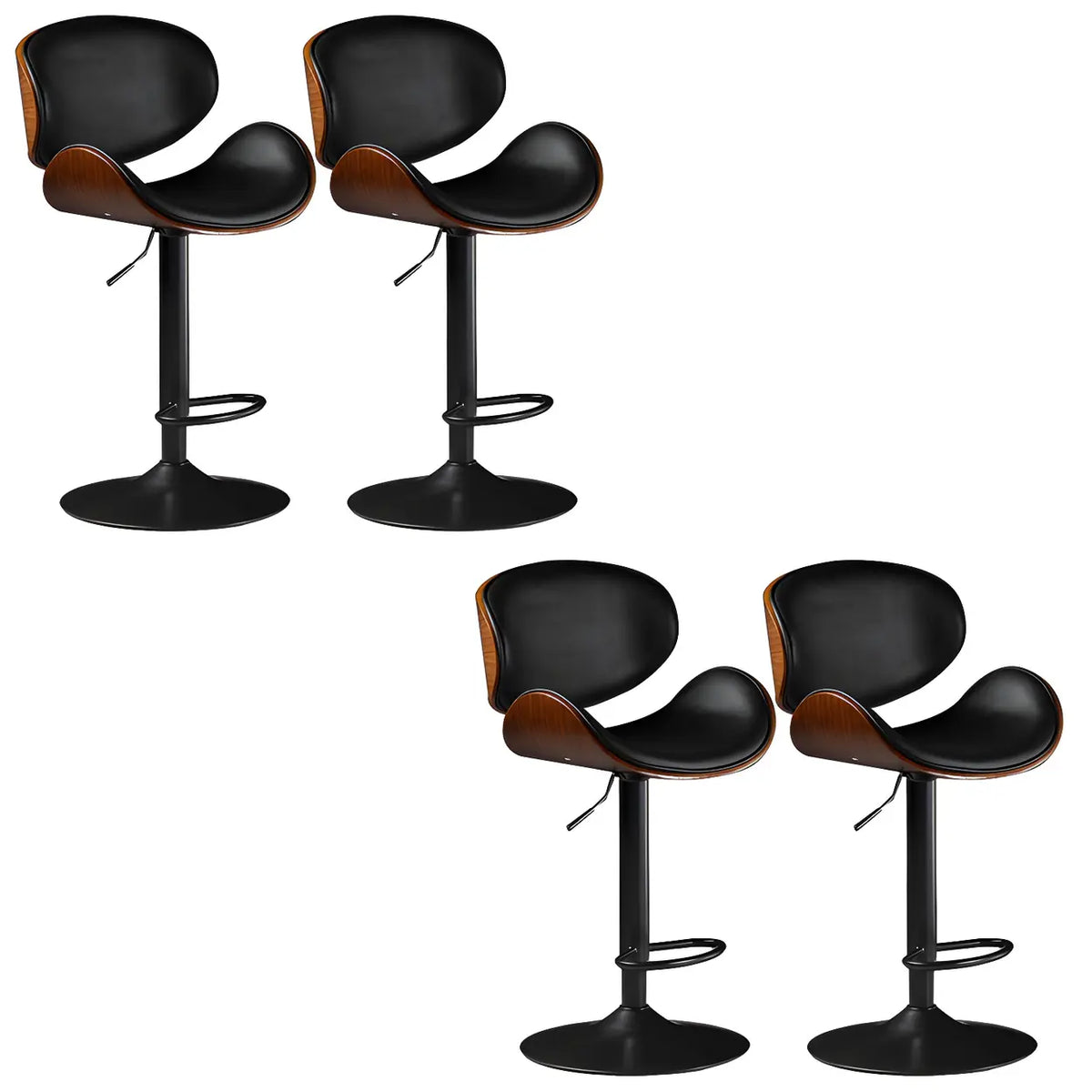 Leather Bucket Bar Stool with Curved Wood-Grain Shell & Low Back