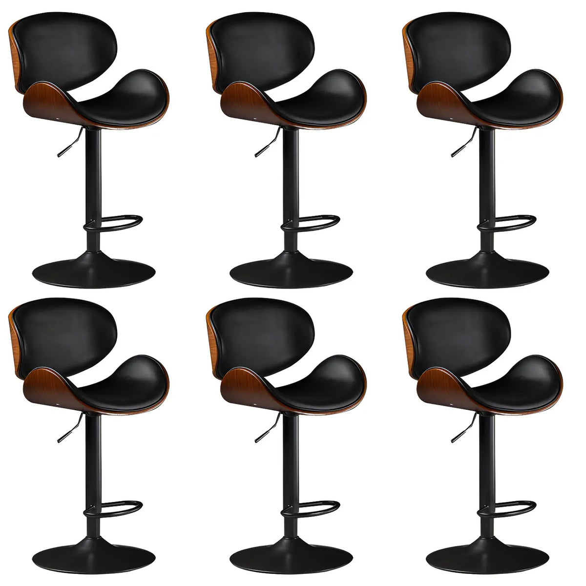 Leather Bucket Bar Stool with Curved Wood-Grain Shell & Low Back