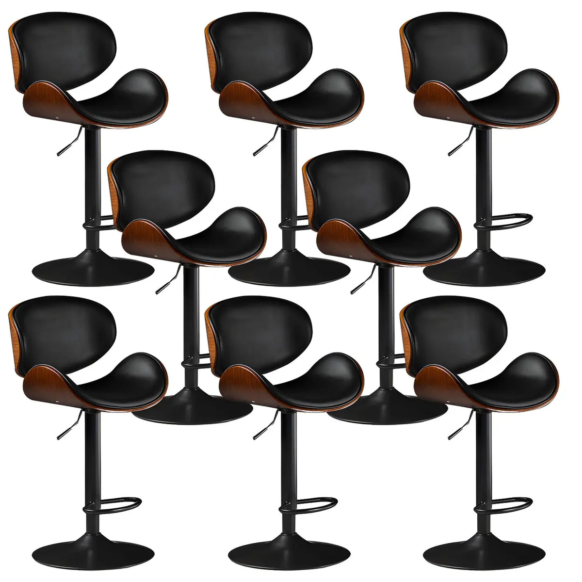 Leather Bucket Bar Stool with Curved Wood-Grain Shell & Low Back
