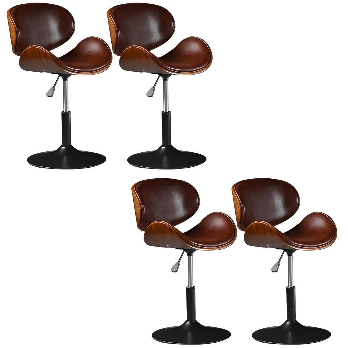 Leather Bucket Bar Stool with Curved Wood-Grain Shell & Low Back