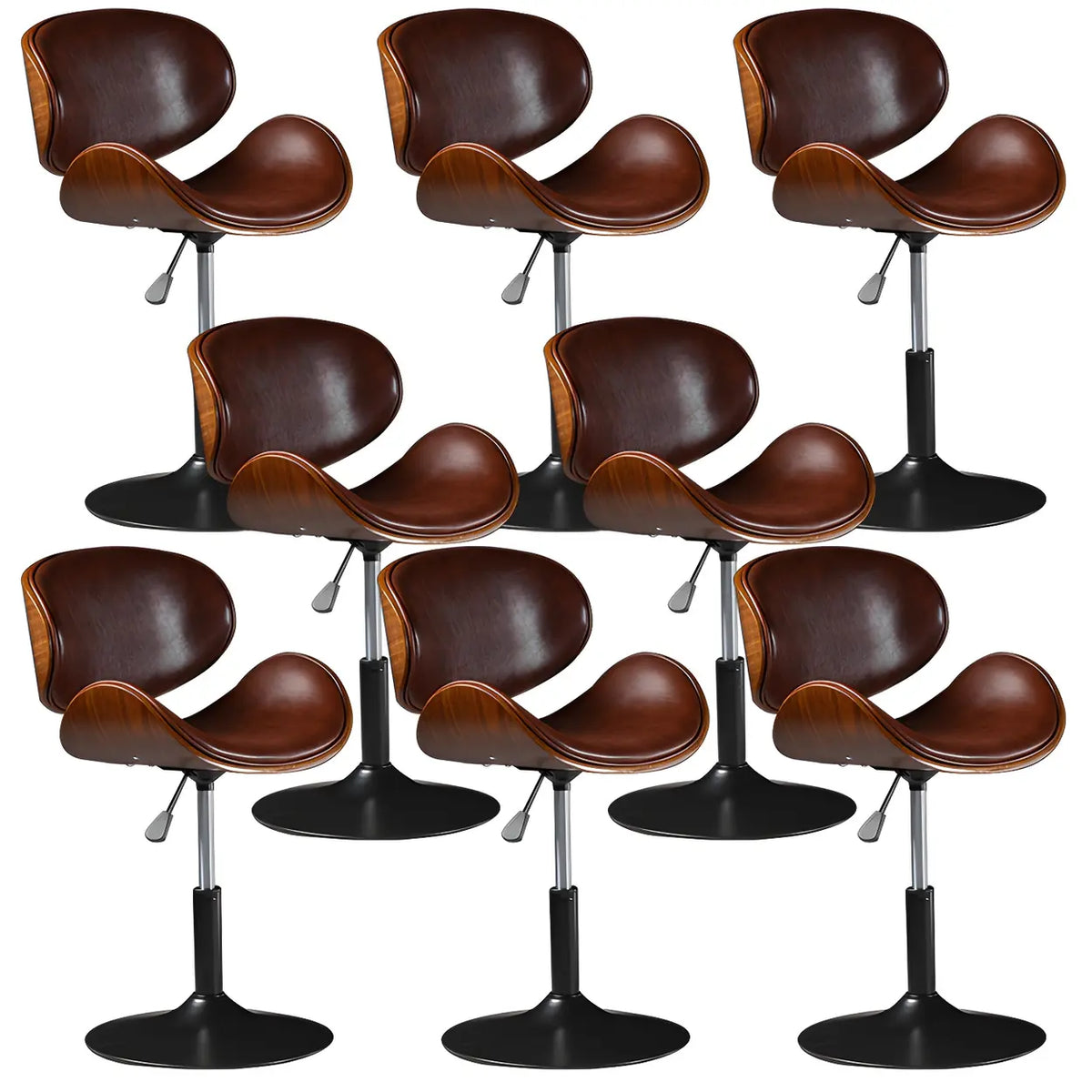 Leather Bucket Bar Stool with Curved Wood-Grain Shell & Low Back