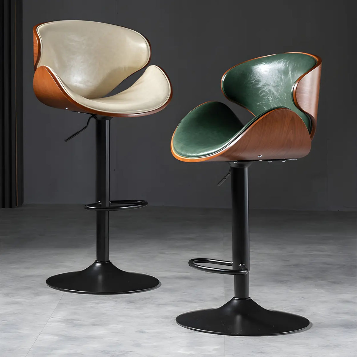 Leather Bucket Bar Stool with Curved Wood-Grain Shell & Low Back
