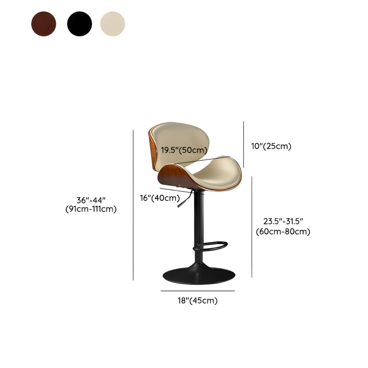 Leather Bucket Bar Stool with Curved Wood-Grain Shell & Low Back