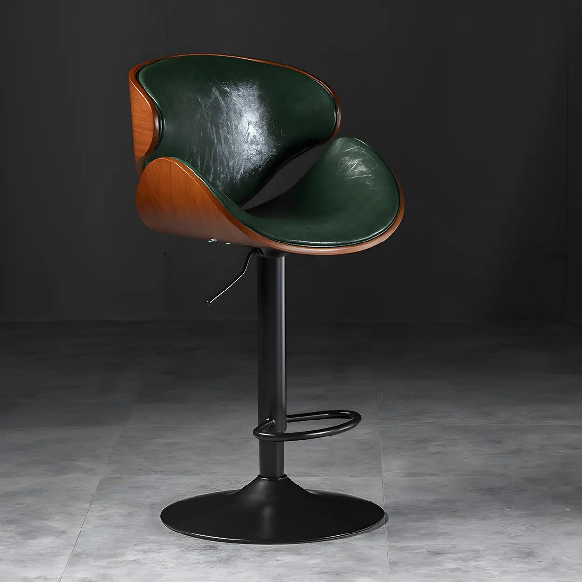Leather Bucket Bar Stool with Curved Wood-Grain Shell & Low Back