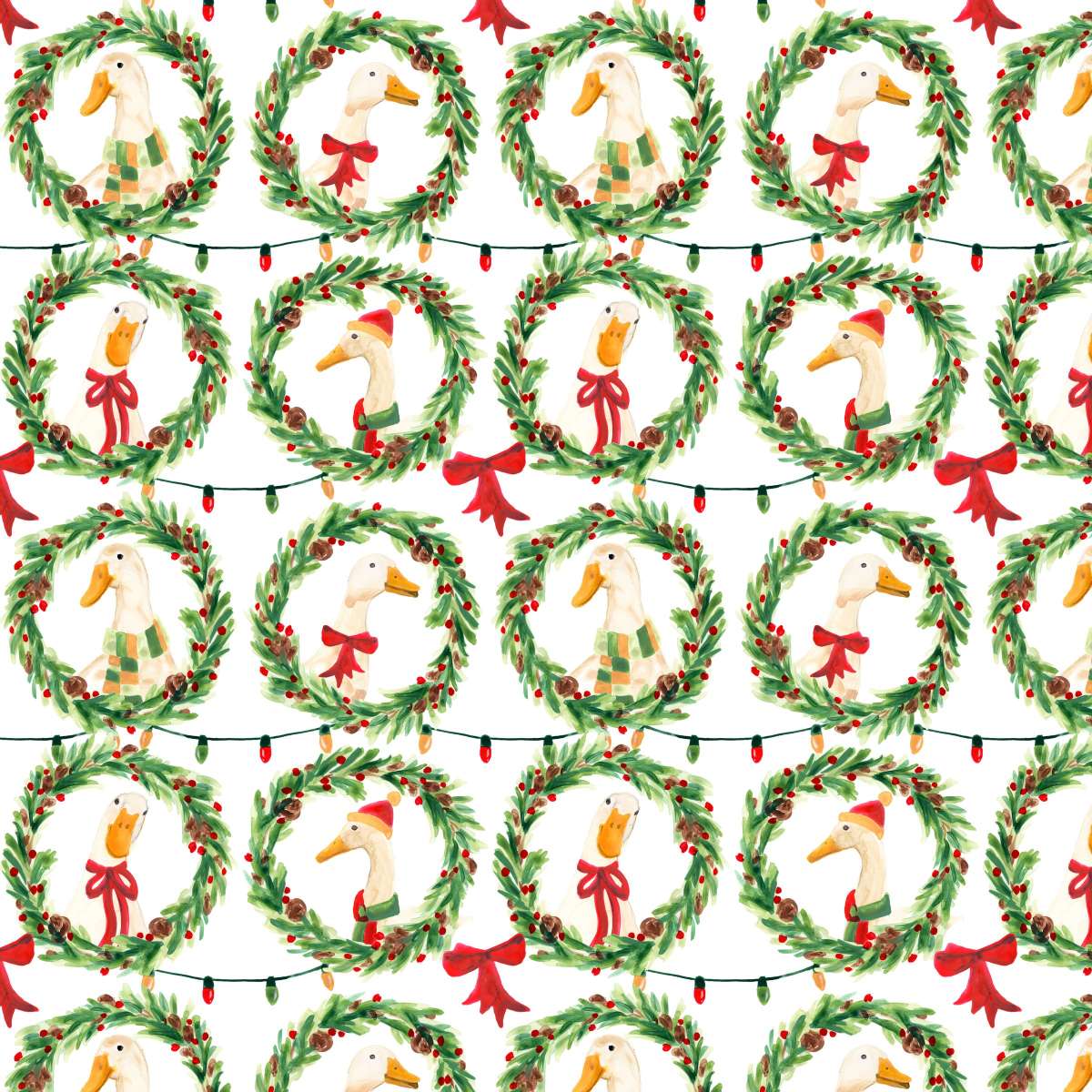 Christmas Geese in Holiday Wreaths Pattern Wall Art