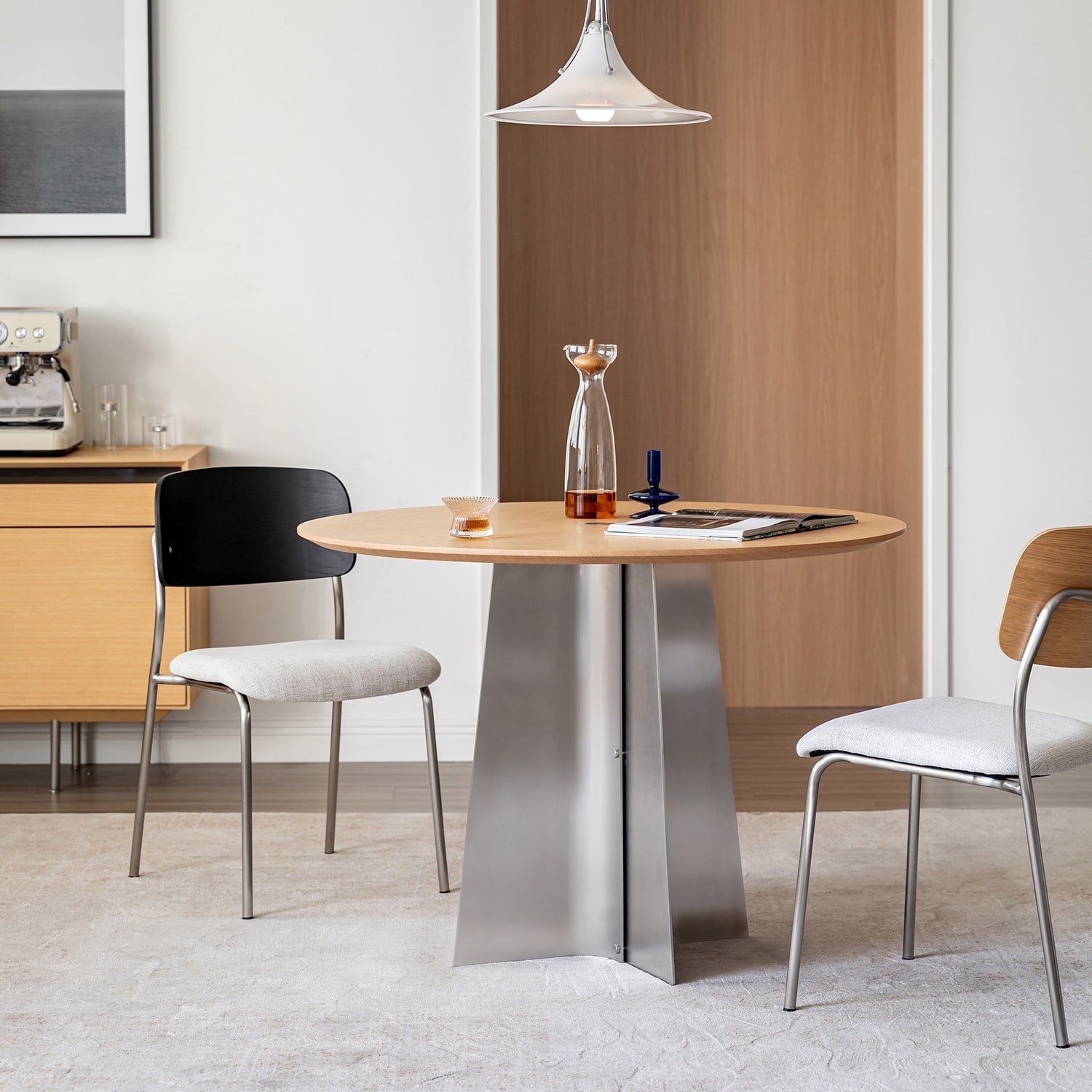 Bauhaus Ash Wood Veneer Stainless Steel Round Dining Table AERI