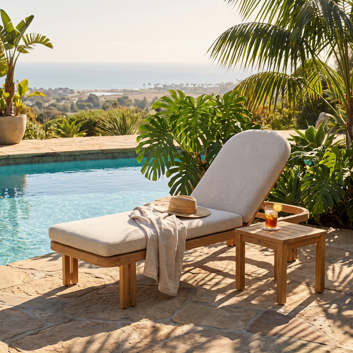 Ojai Teak Chaise Lounge, styled in a real setting