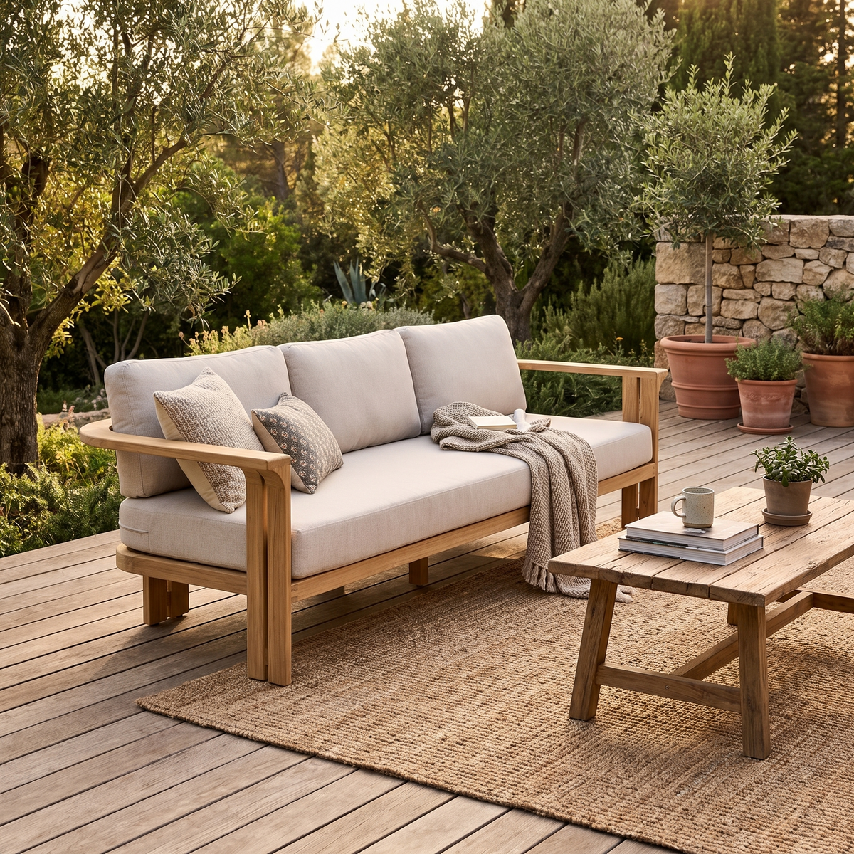 Ojai Teak Sofa, styled in a real setting