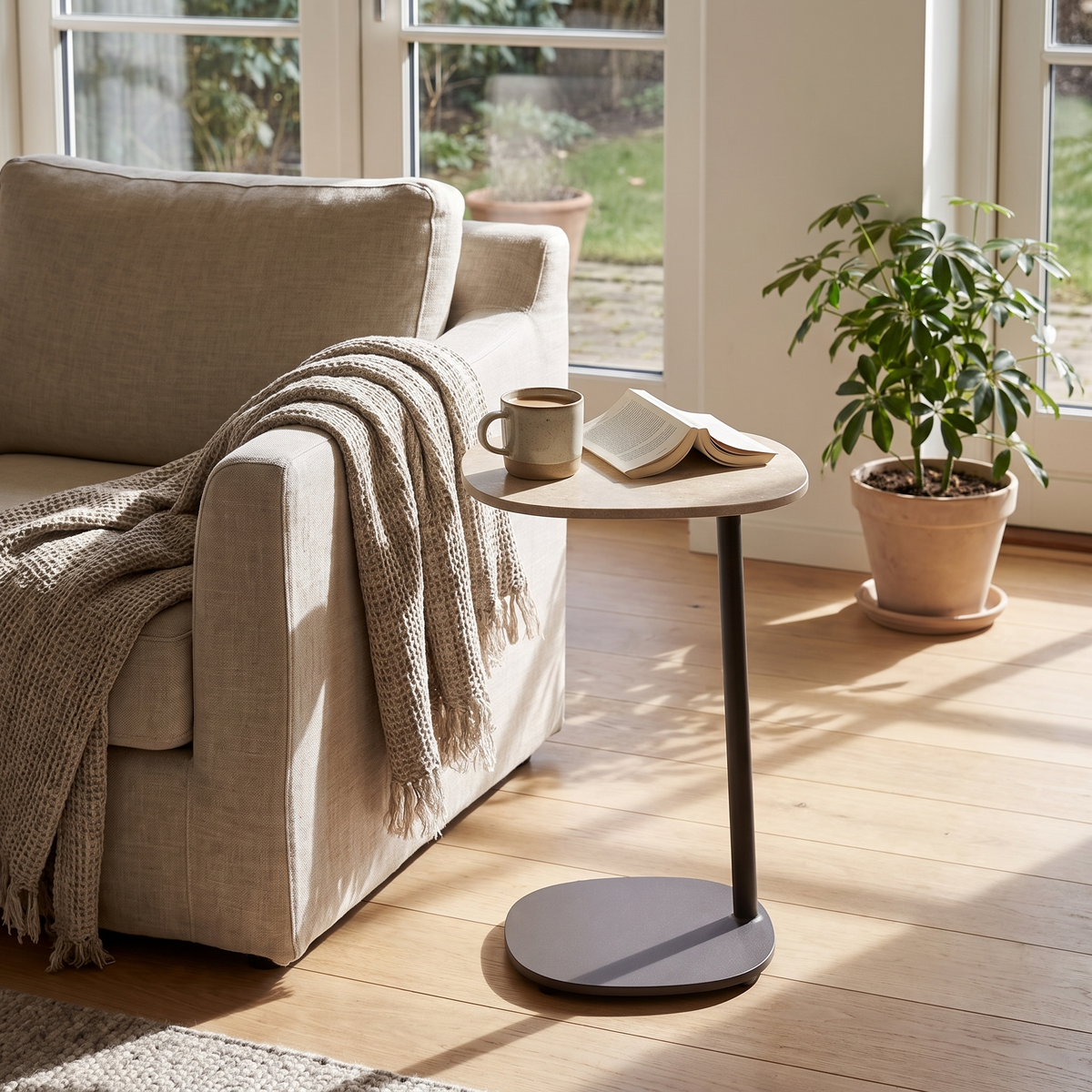Saratoga Charcoal Aluminum Side Table, styled in a real setting