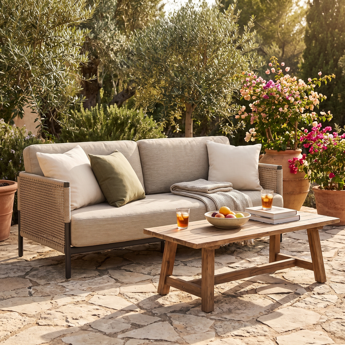 Saratoga Charcoal Aluminum Sofa, styled in a real setting