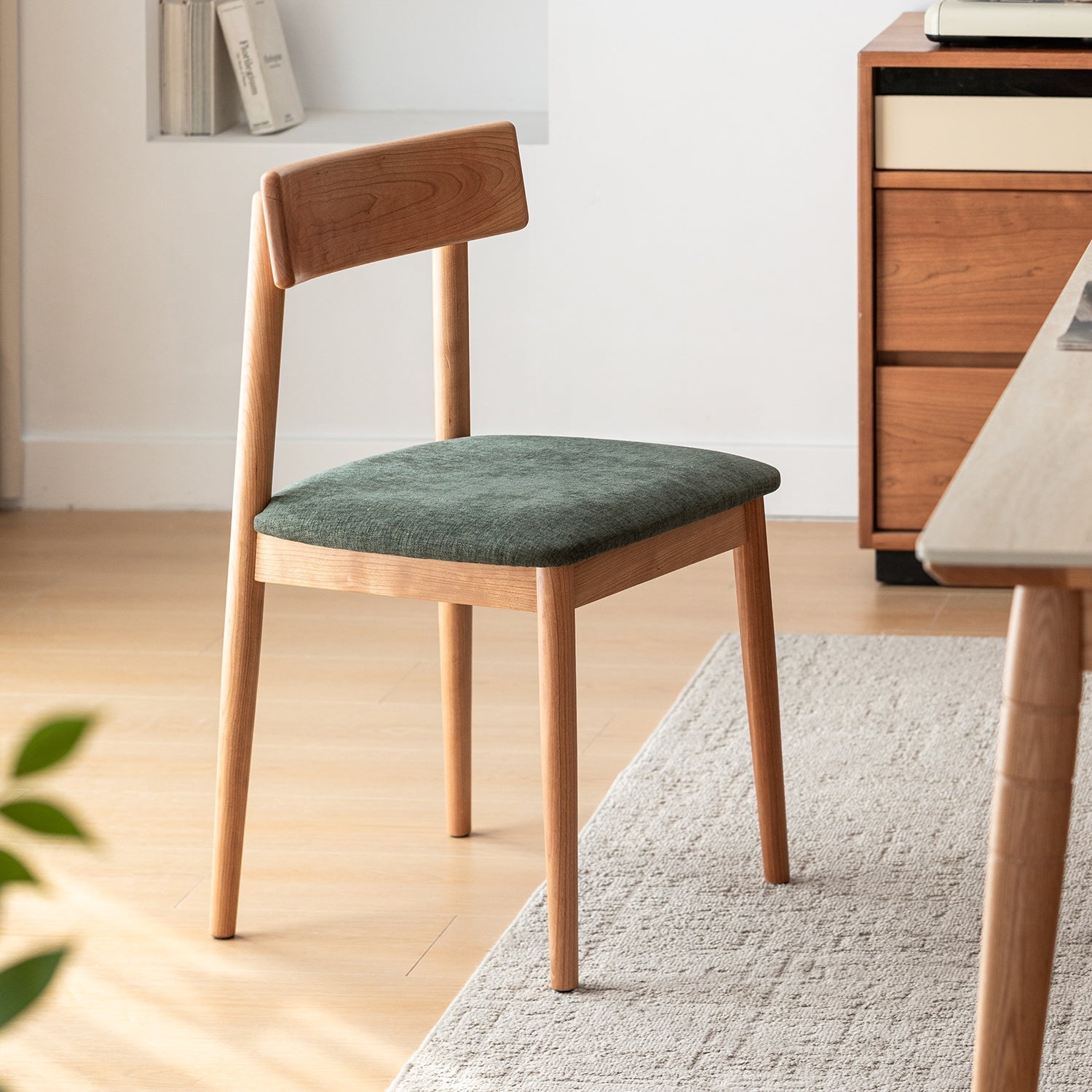 Scandinavian Cherry Wood Mixed Weave Fabric Dining Chair GREEN